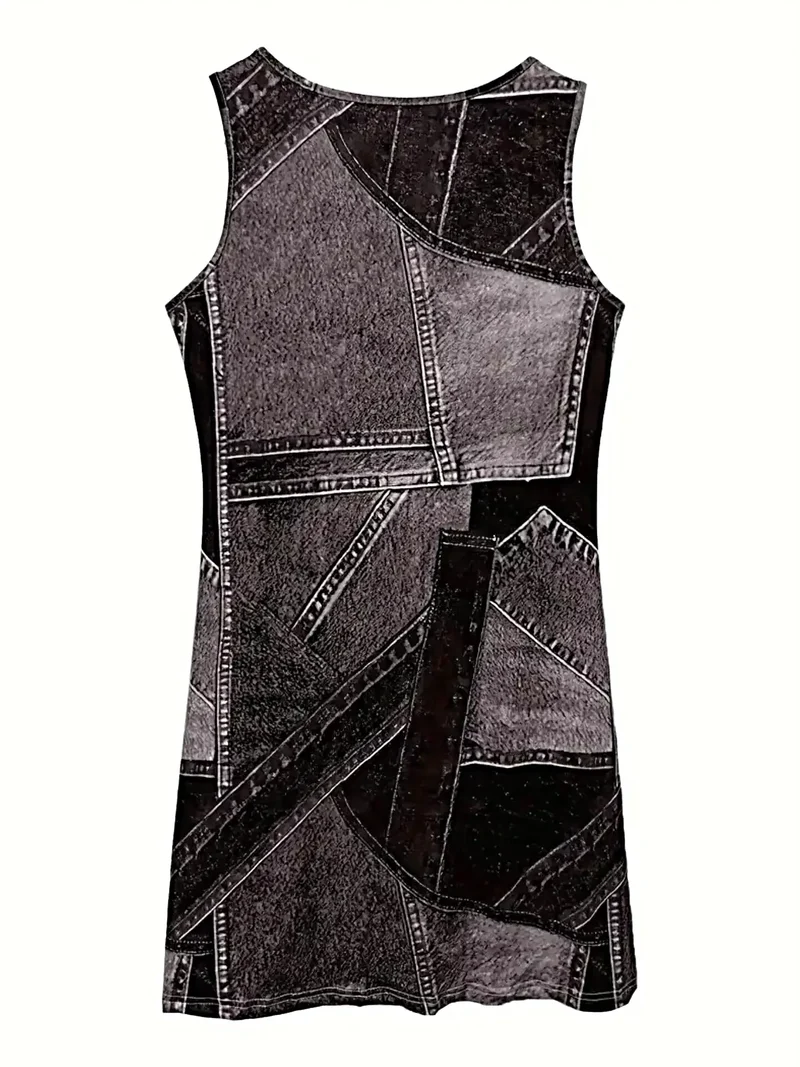Patchwork denim jurk - Mouwloze midi-jurk met ronde hals en zakken - Veelzijdig en stijlvol