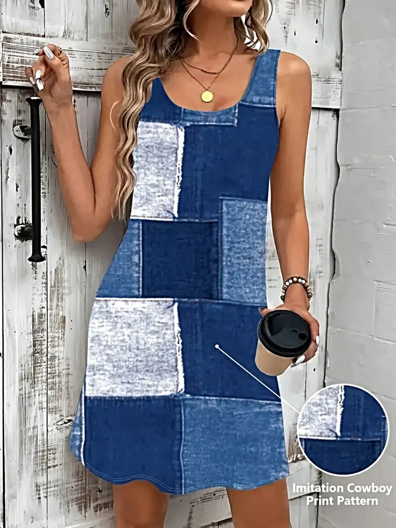 Patchwork denim jurk - Mouwloze midi-jurk met ronde hals en zakken - Veelzijdig en stijlvol