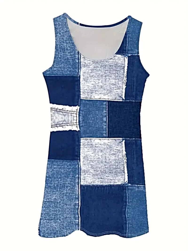 Patchwork denim jurk - Mouwloze midi-jurk met ronde hals en zakken - Veelzijdig en stijlvol