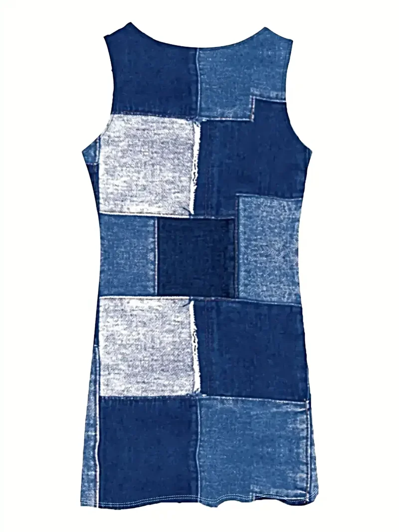 Patchwork denim jurk - Mouwloze midi-jurk met ronde hals en zakken - Veelzijdig en stijlvol
