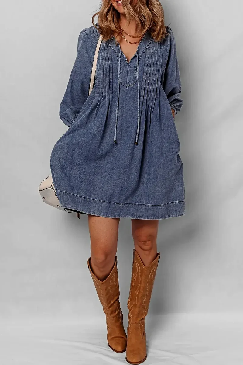 Elegante denim jurk met strik bij de hals en lange mouwen - 100% katoen, licht elastisch, minilengte
