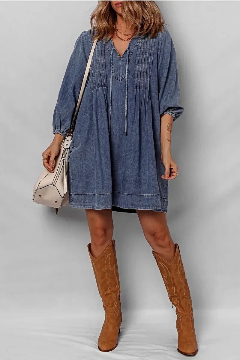 Elegante denim jurk met strik bij de hals en lange mouwen - 100% katoen, licht elastisch, minilengte