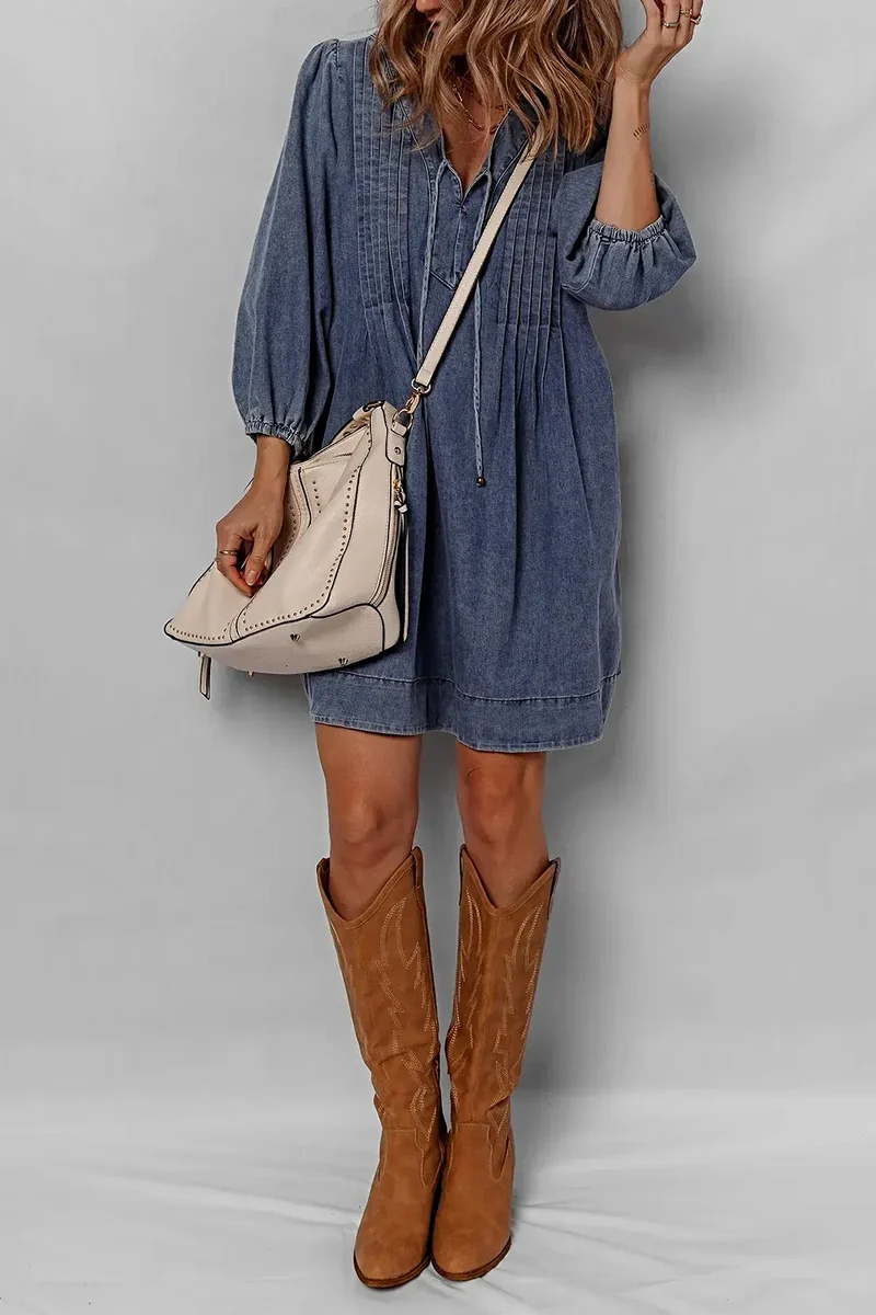 Elegante denim jurk met strik bij de hals en lange mouwen - 100% katoen, licht elastisch, minilengte