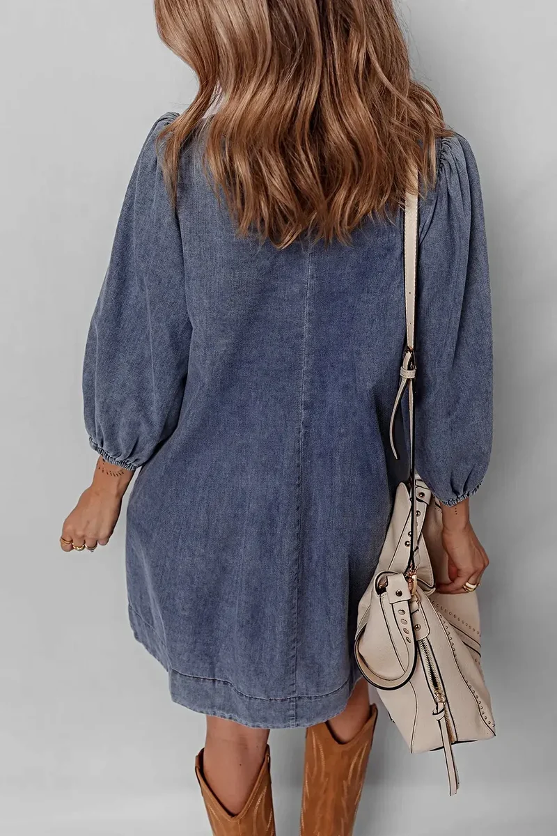 Elegante denim jurk met strik bij de hals en lange mouwen - 100% katoen, licht elastisch, minilengte