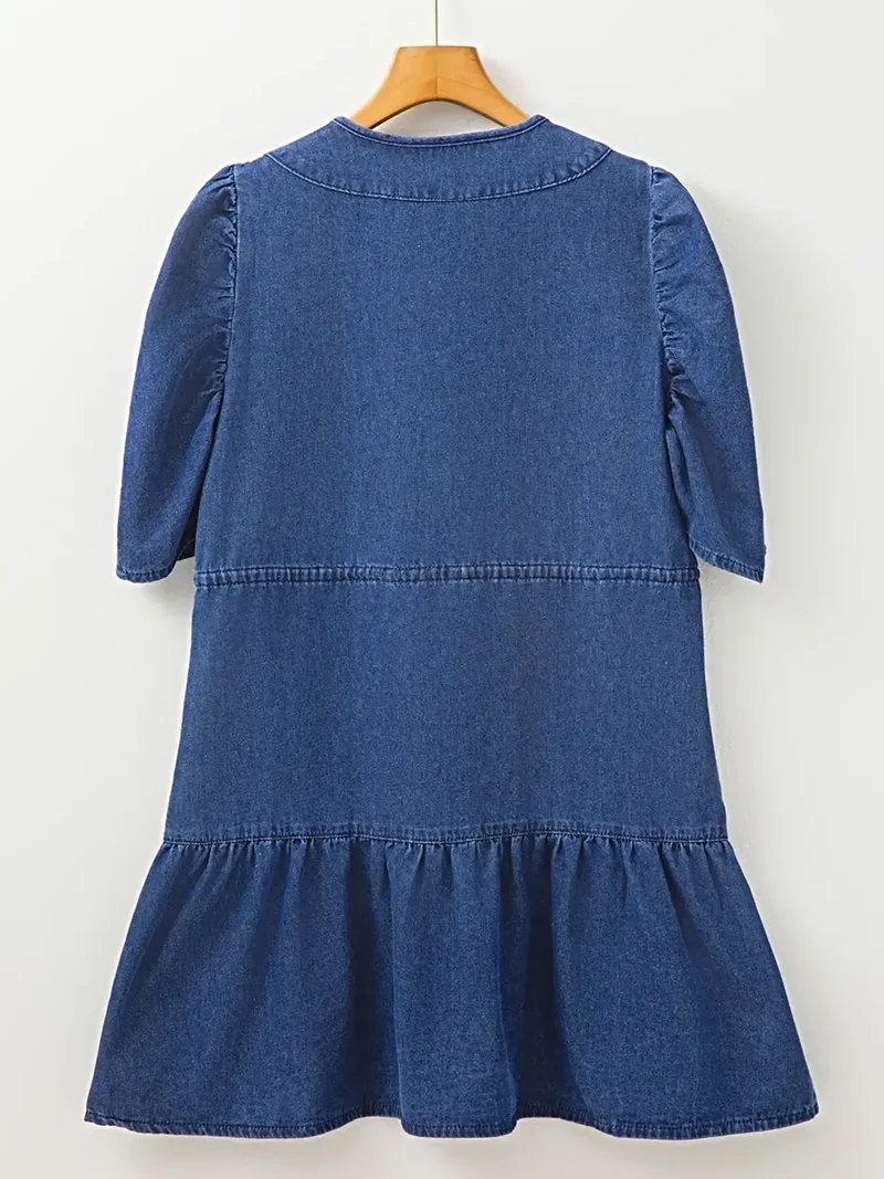 Elegante denimjurk met hoge taille, trekkoord en pofmouwen - minilengte