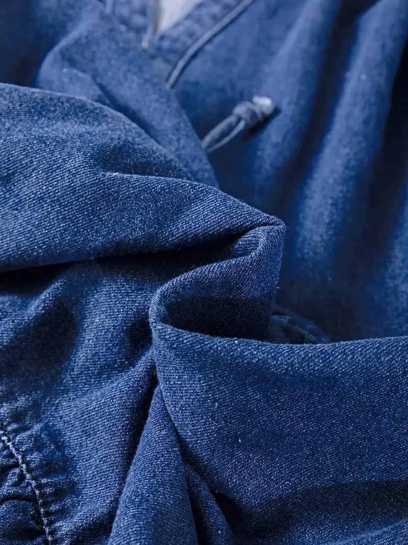 Elegante denimjurk met hoge taille, trekkoord en pofmouwen - minilengte