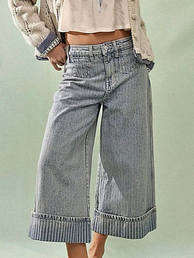 Luxe cropped jeans met wijde pijpen en zakken, 85% katoenmix, machinewasbaar.
