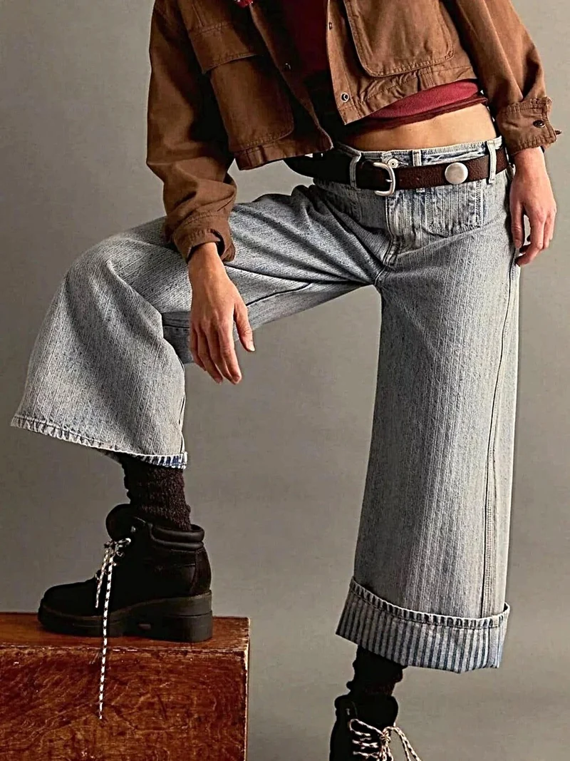 Luxe cropped jeans met wijde pijpen en zakken, 85% katoenmix, machinewasbaar.