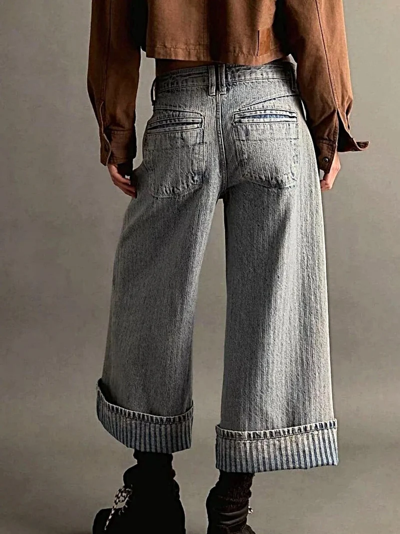 Luxe cropped jeans met wijde pijpen en zakken, 85% katoenmix, machinewasbaar.