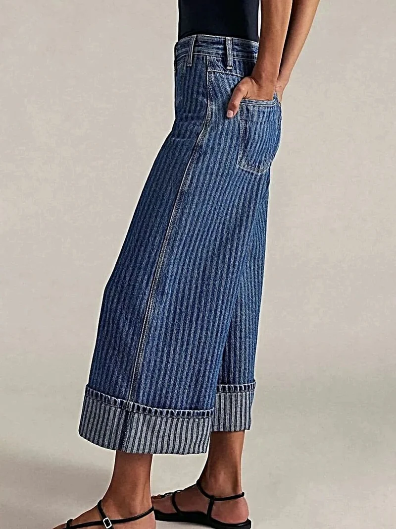 Luxe cropped jeans met wijde pijpen en zakken, 85% katoenmix, machinewasbaar.