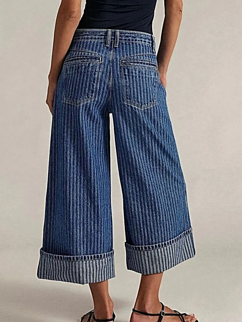 Luxe cropped jeans met wijde pijpen en zakken, 85% katoenmix, machinewasbaar.