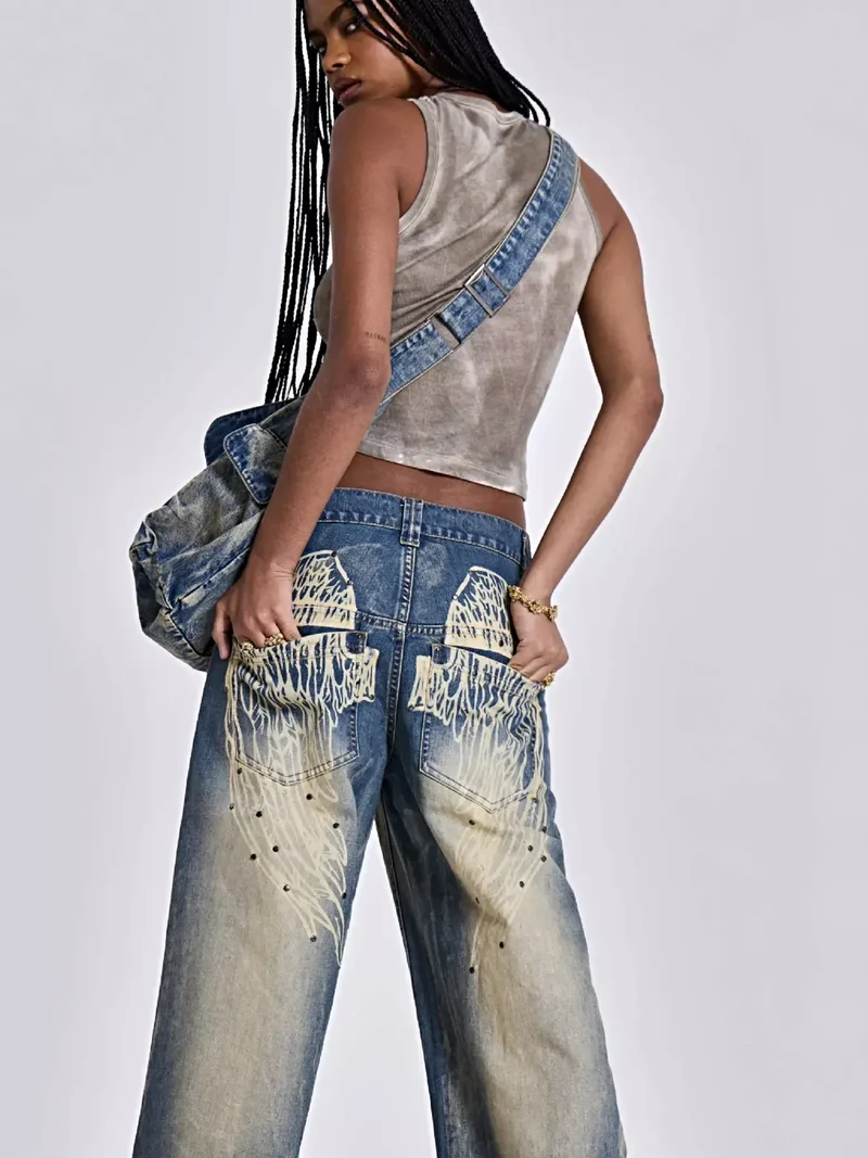Vintage jeans met wijde pijpen, studs en zakken - 85% comfortabel katoen