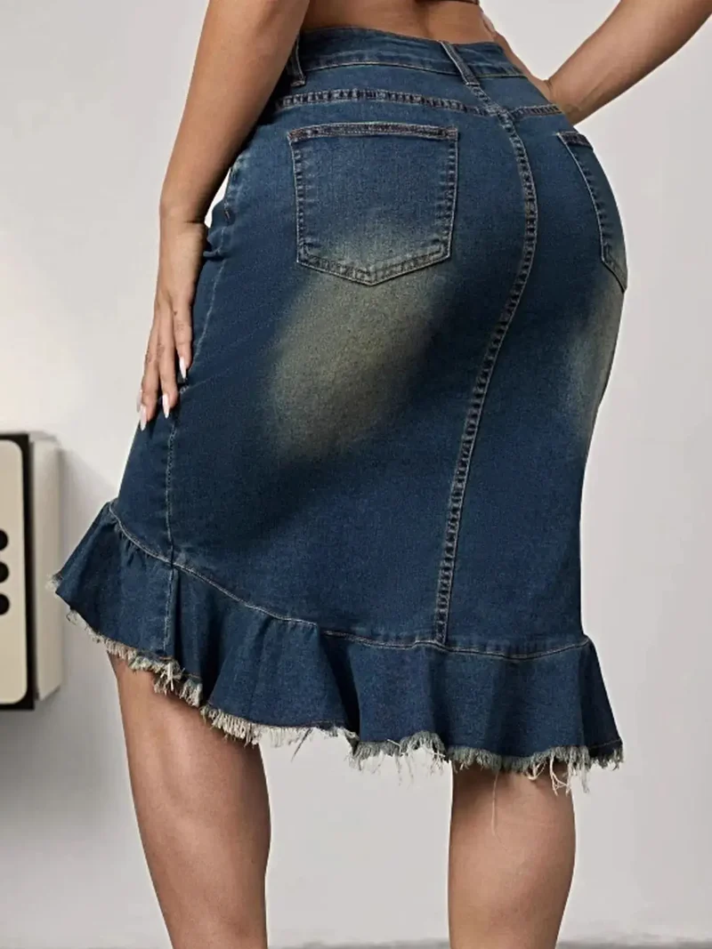 Elegante denim zeemeerminnenrok met onafgewerkte zoom, zakken en lichte stretch - Geïmporteerde mode