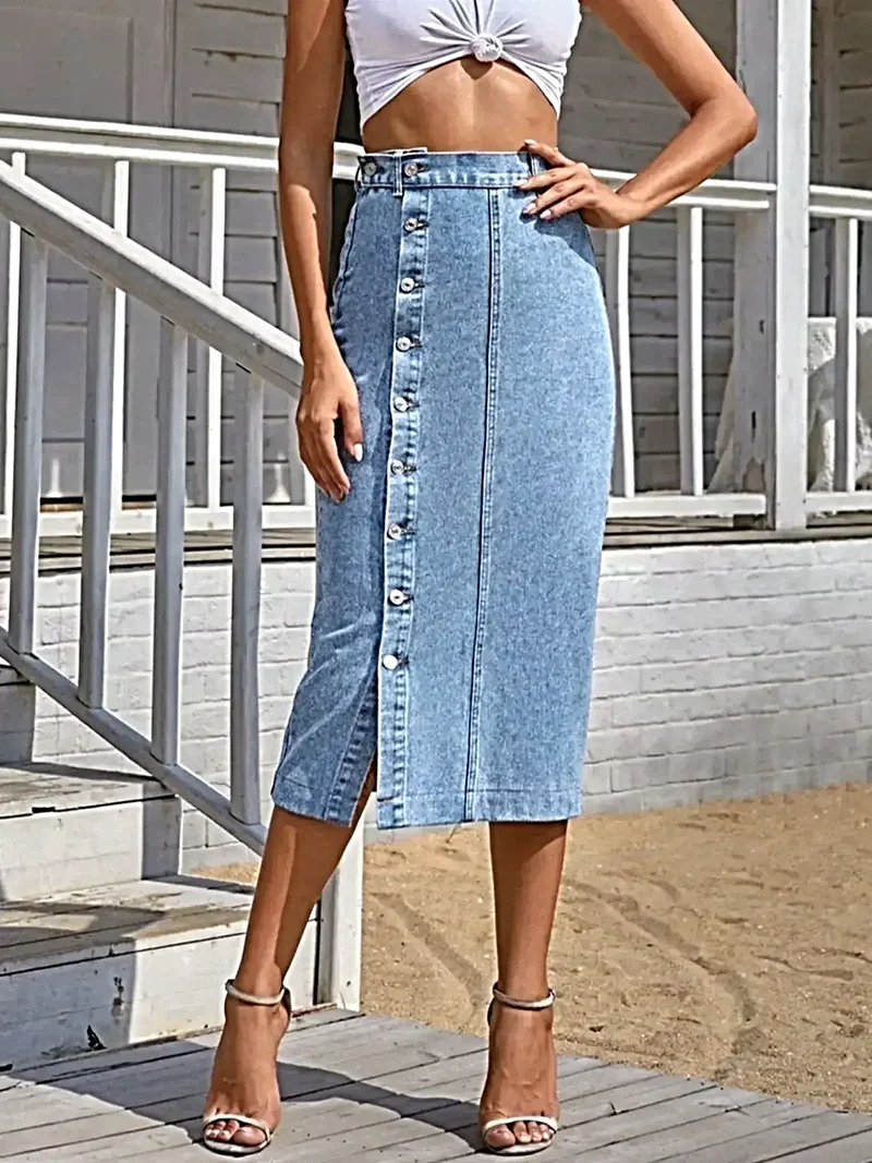 Denim rok met knoopsluiting aan de voorkant - Licht elastische katoenmix met splitdetails