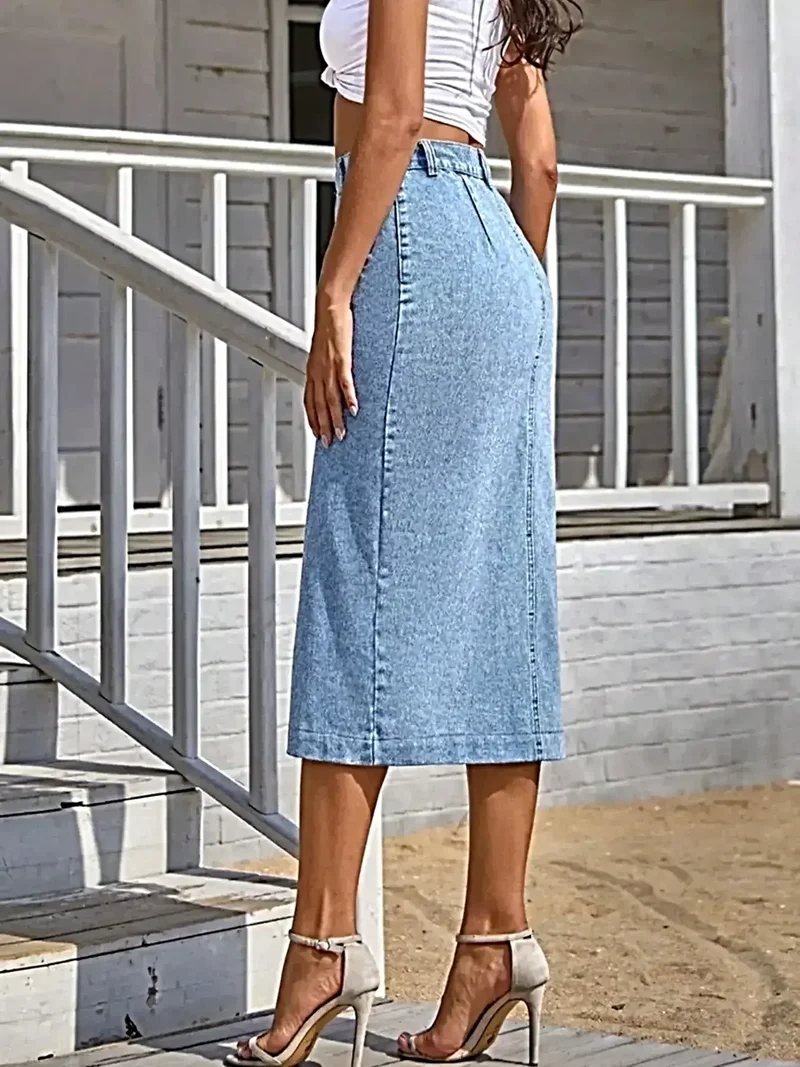 Denim rok met knoopsluiting aan de voorkant - Licht elastische katoenmix met splitdetails