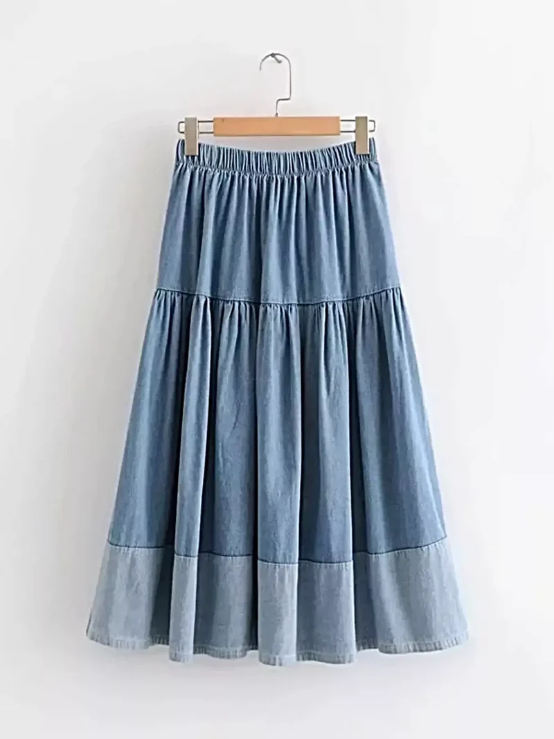 Elegante gelaagde denim rok - midi-lengte, 100% polyester, machinewasbaar