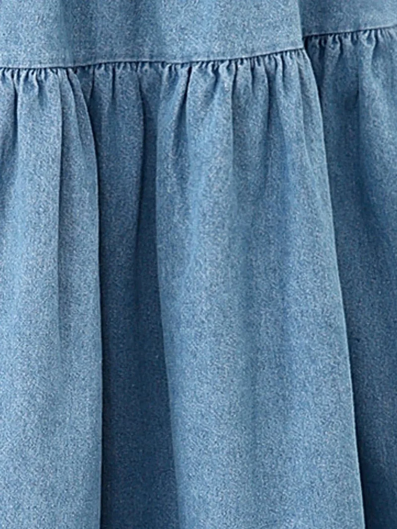 Elegante gelaagde denim rok - midi-lengte, 100% polyester, machinewasbaar