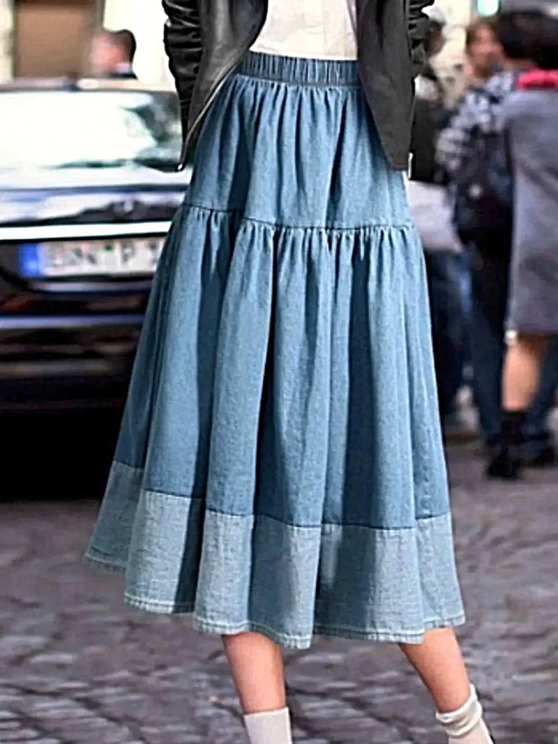 Elegante gelaagde denim rok - midi-lengte, 100% polyester, machinewasbaar