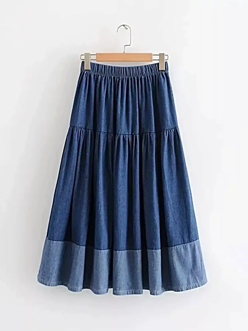 Elegante gelaagde denim rok - midi-lengte, 100% polyester, machinewasbaar