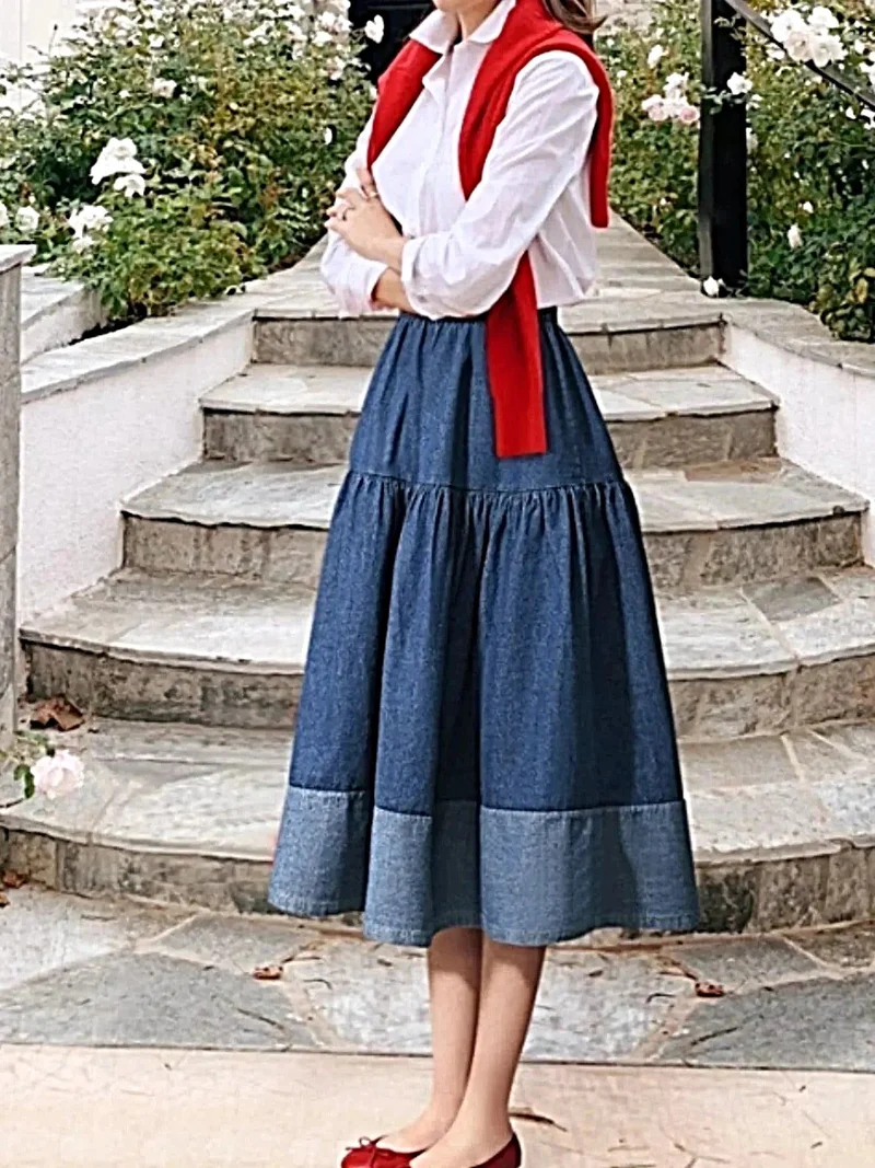 Elegante gelaagde denim rok - midi-lengte, 100% polyester, machinewasbaar