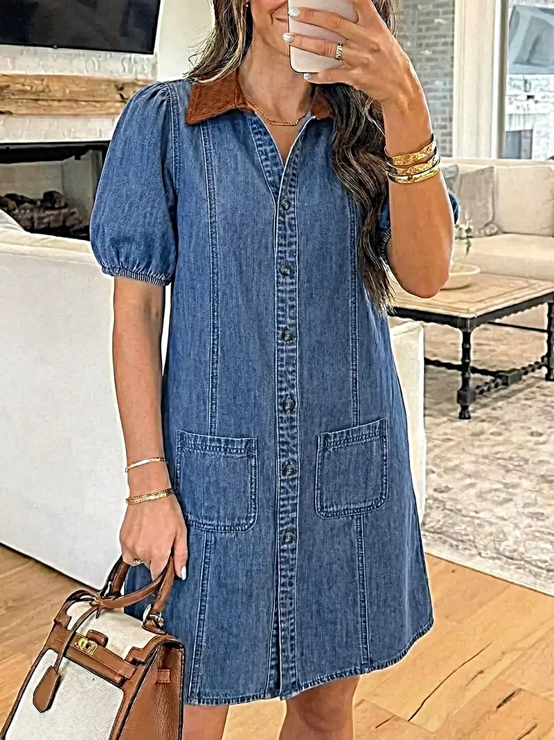 Elegante denim jurk met korte mouwen en zakken - tijdloze stijl voor een moeiteloos casual chique look.