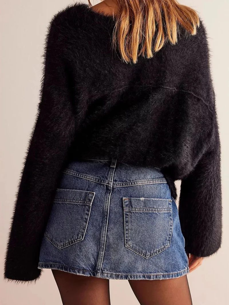 Luxe asymmetrische denim skort met knoopsluiting aan de voorkant en zakken - stijlvolle katoenmix