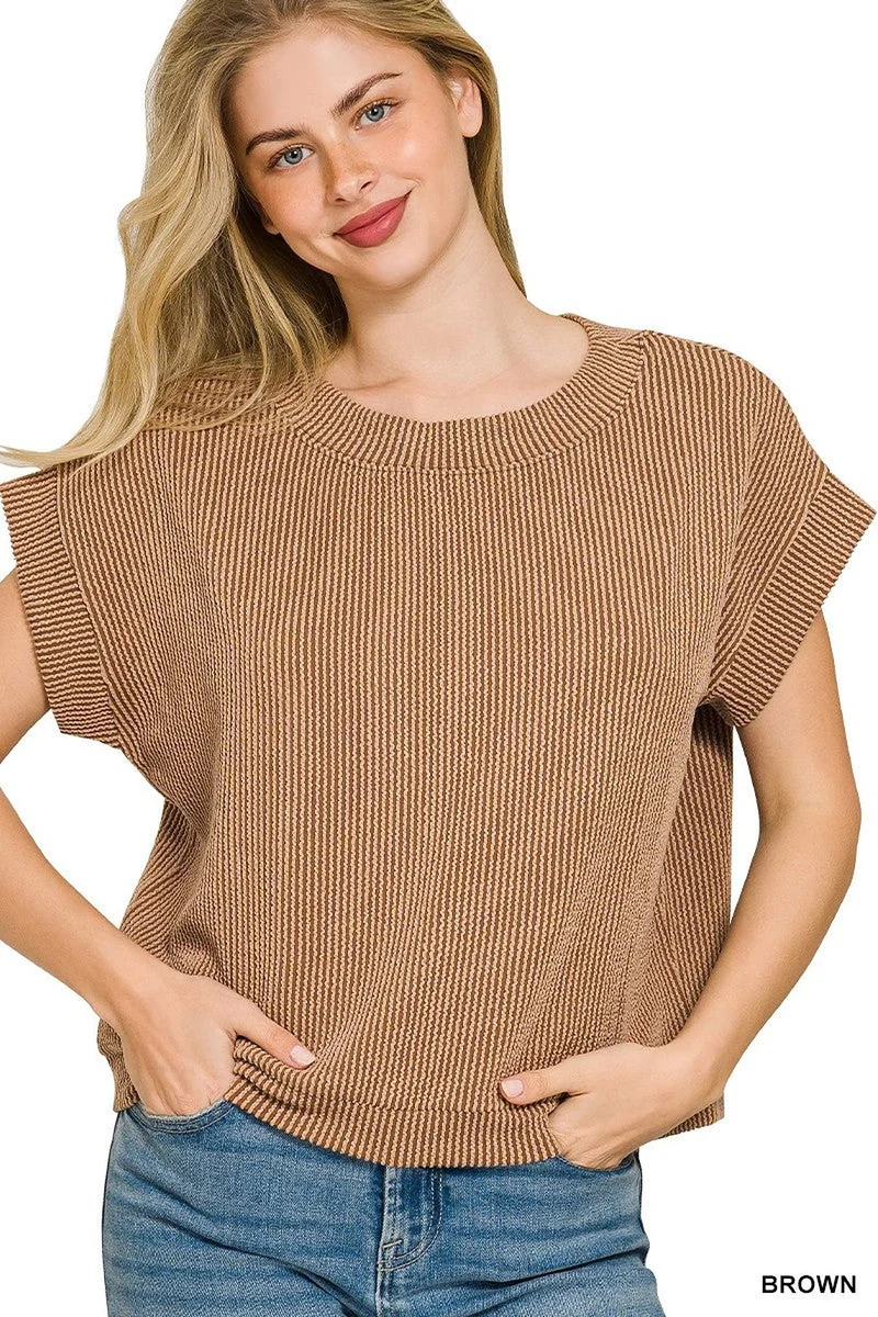 Geribbeld gebreid T-shirt met korte mouwen - Ademende katoenmix voor dagelijks gebruik