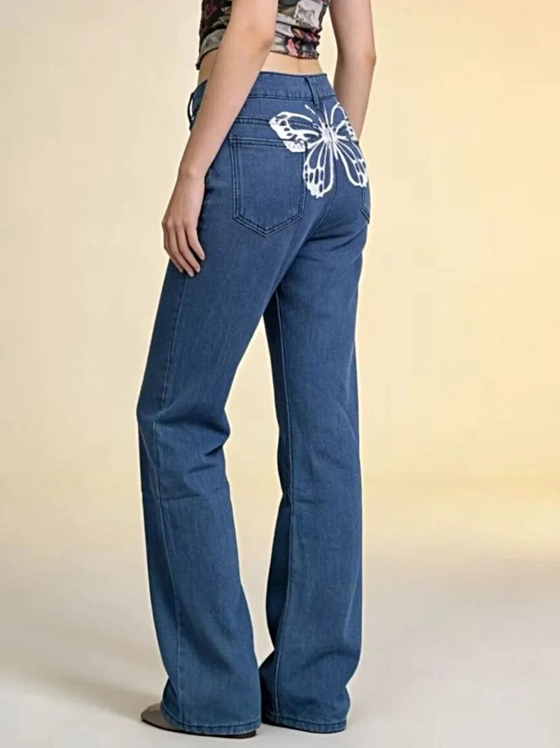 Jeans met vlinderrug voor dames - Stijlvol model met wijde pijpen, zakken, 85% katoen.