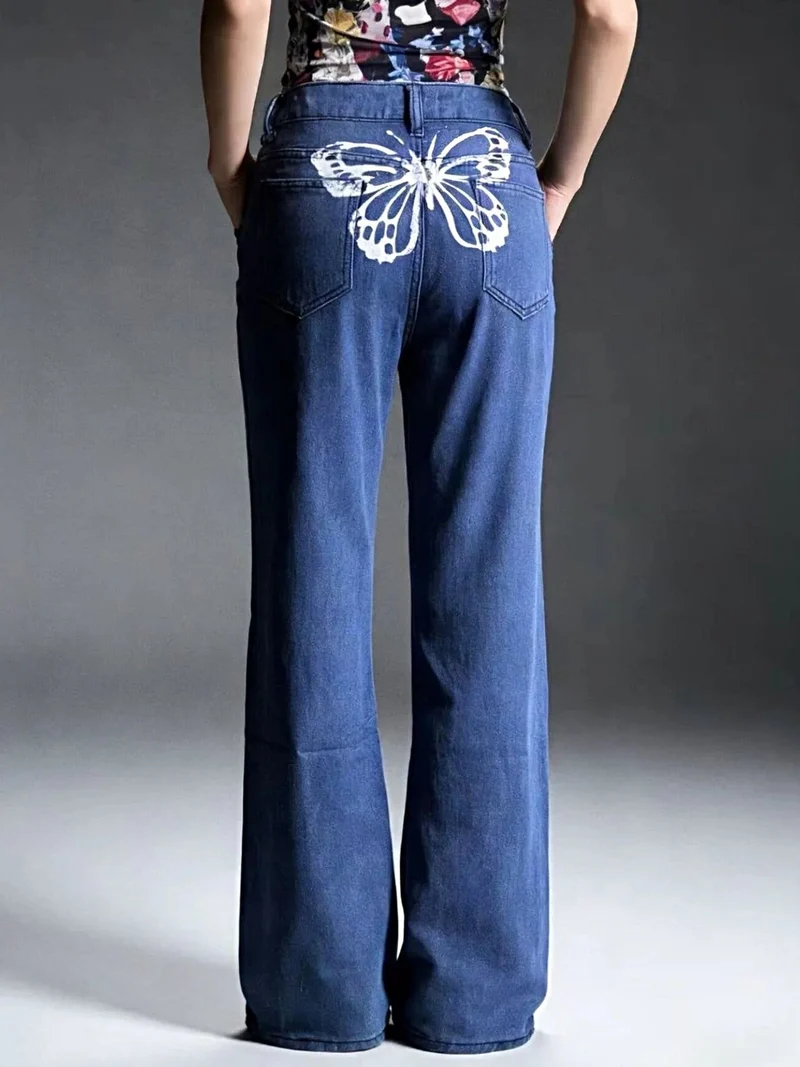 Jeans met vlinderrug voor dames - Stijlvol model met wijde pijpen, zakken, 85% katoen.
