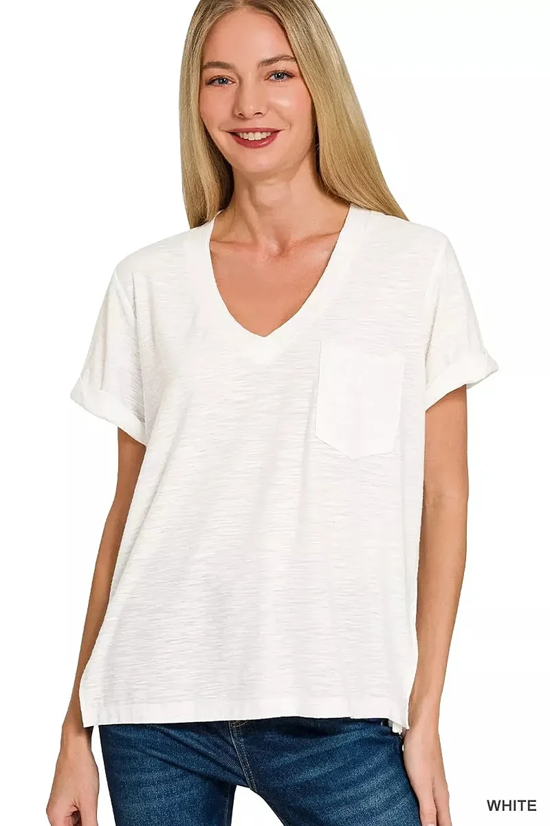 V-hals T-shirt van slubstof met opgerolde korte mouwen - Chique casual stijl voor elke dag
