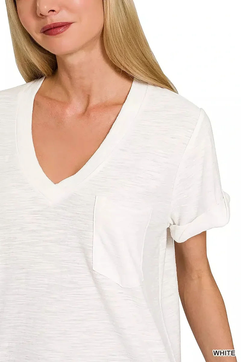 V-hals T-shirt van slubstof met opgerolde korte mouwen - Chique casual stijl voor elke dag