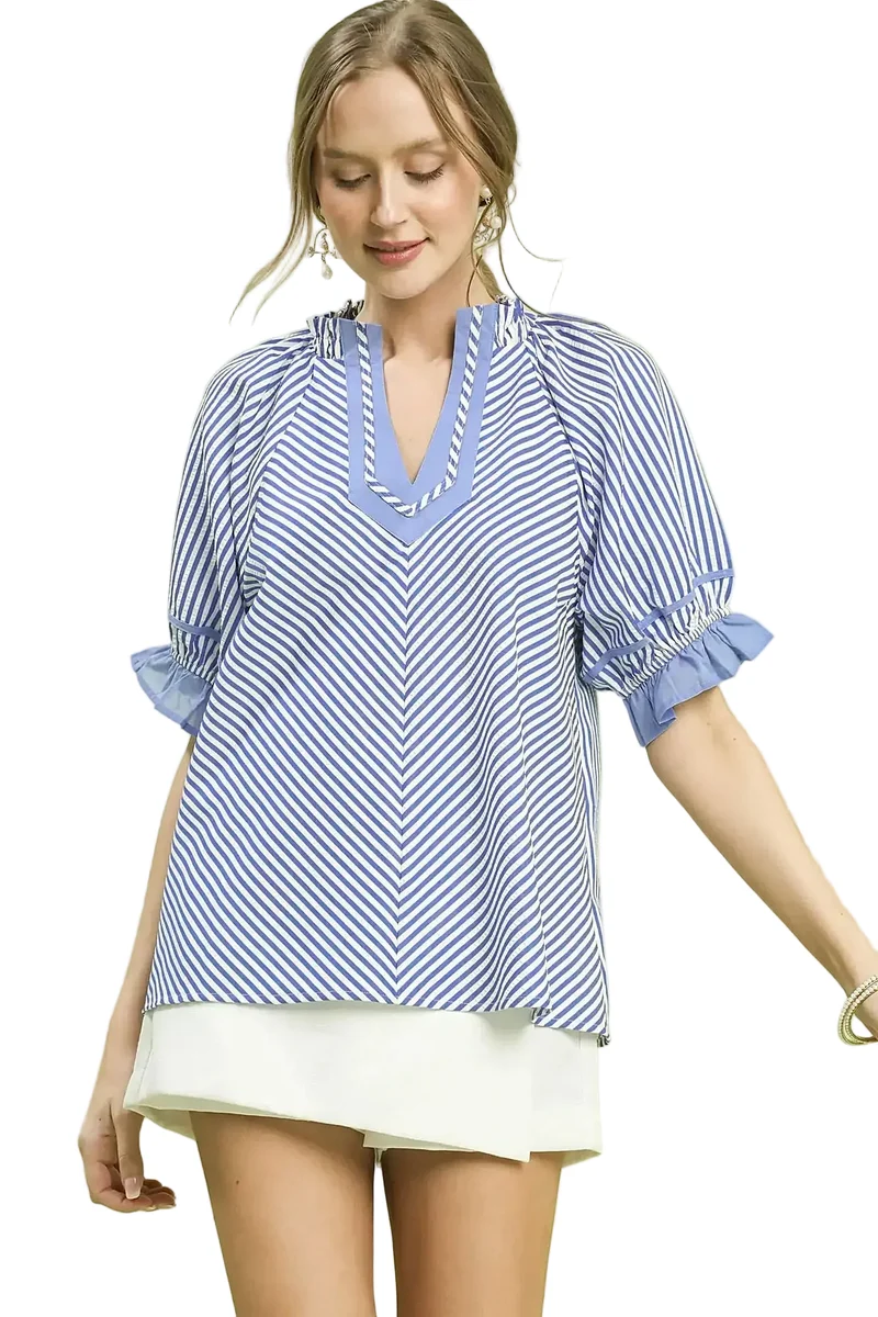 Chique gestreepte blouse met splitkraag en ruchesmouwen - Modern design van 100% polyester
