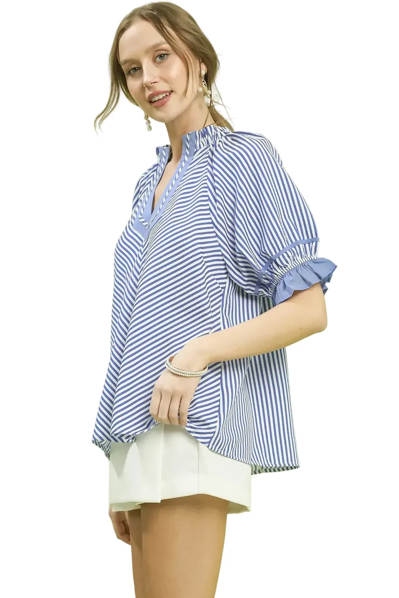 Chique gestreepte blouse met splitkraag en ruchesmouwen - Modern design van 100% polyester