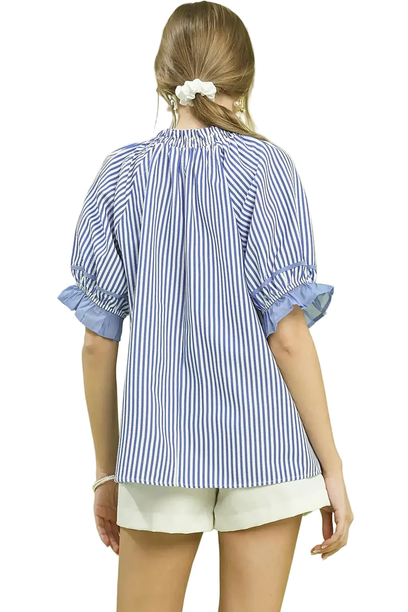 Chique gestreepte blouse met splitkraag en ruchesmouwen - Modern design van 100% polyester