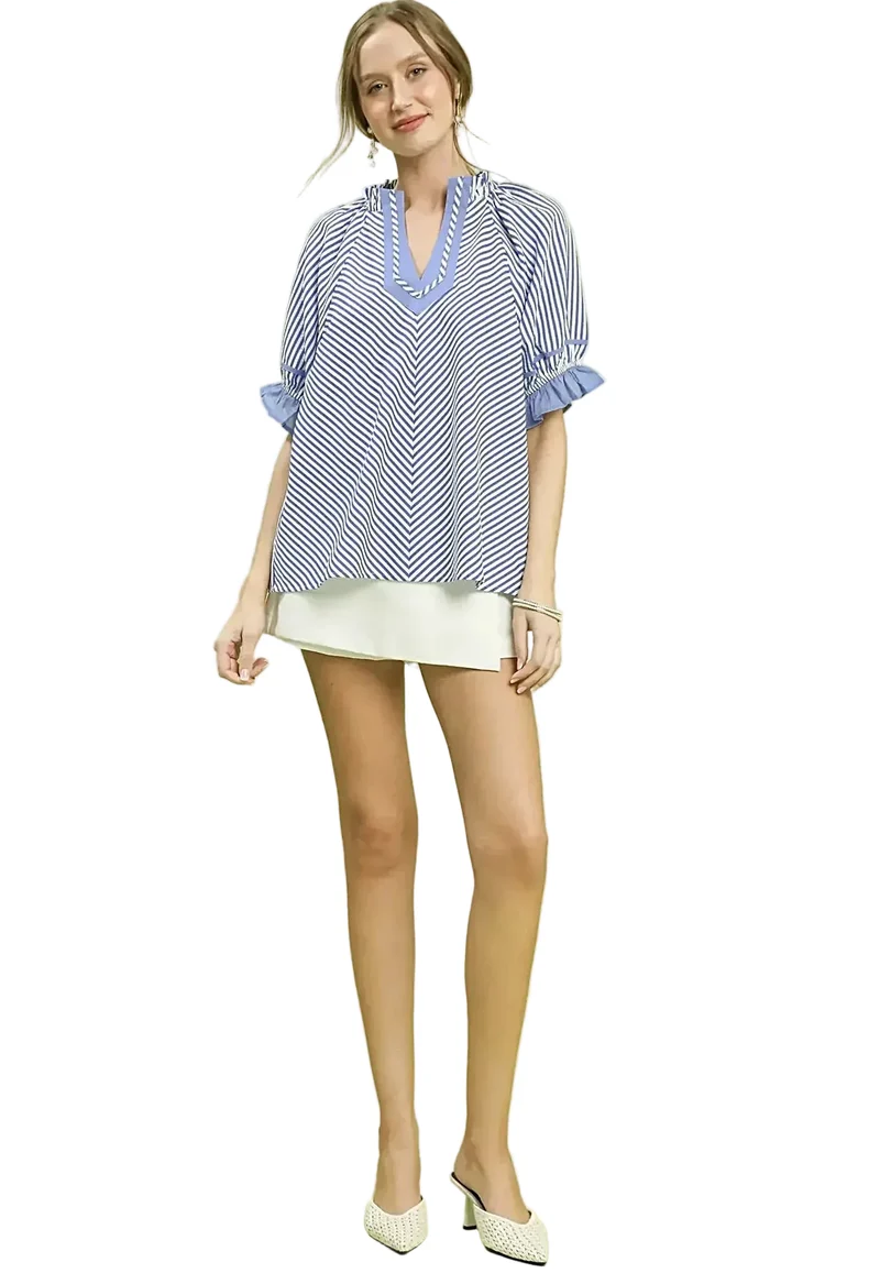 Chique gestreepte blouse met splitkraag en ruchesmouwen - Modern design van 100% polyester