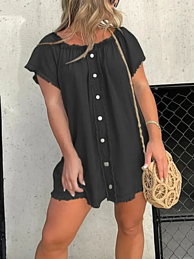 Plus size mini-jurk met onafgewerkte zoom en knoopjes - Elegantie van licht elastische denim