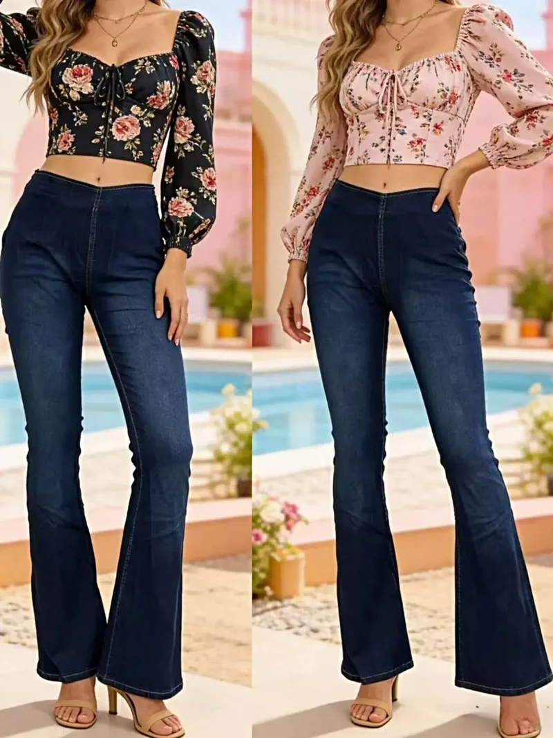 Stijlvolle flared jeans met hoge taille en zakken | Licht elastische katoenmix