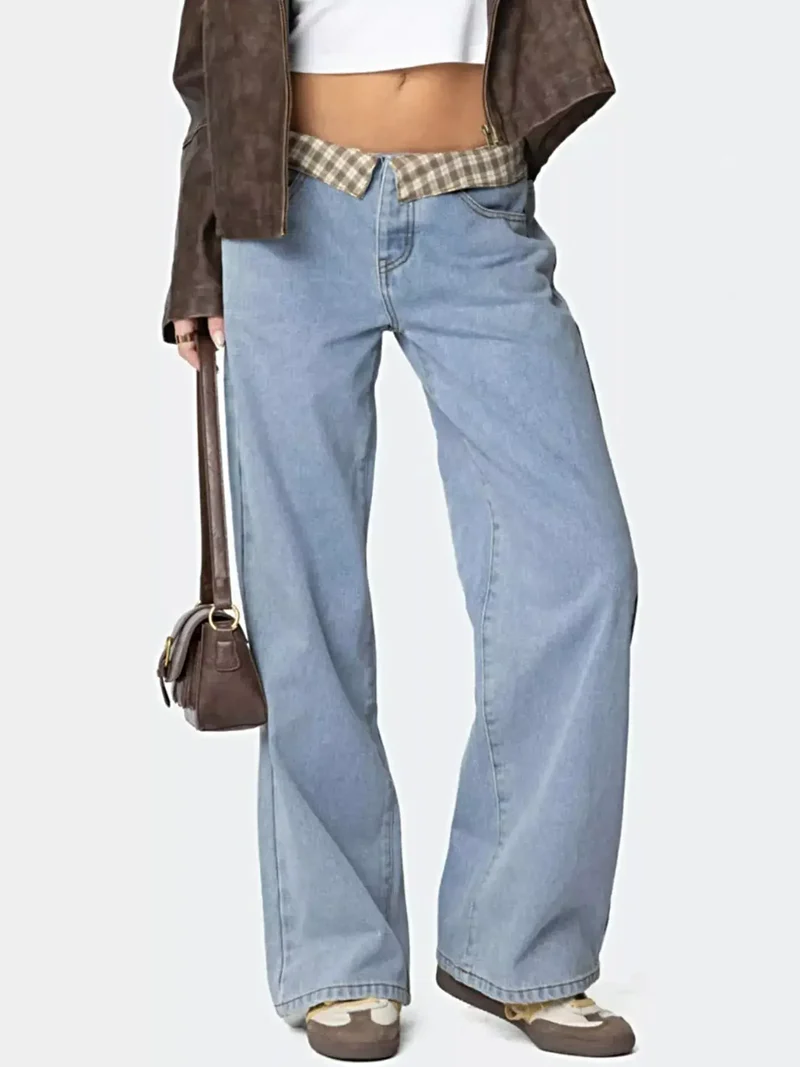 Elegante jeans met wijde pijpen en ruitjesbies voor dames - klassiek model met knoopsluiting en zakken.