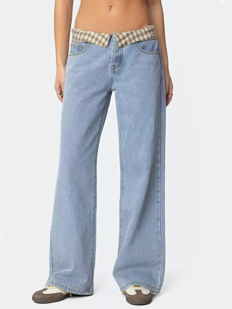 Elegante jeans met wijde pijpen en ruitjesbies voor dames - klassiek model met knoopsluiting en zakken.
