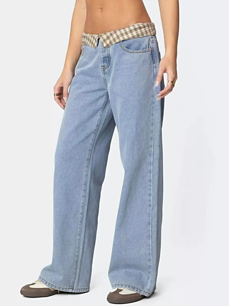 Elegante jeans met wijde pijpen en ruitjesbies voor dames - klassiek model met knoopsluiting en zakken.