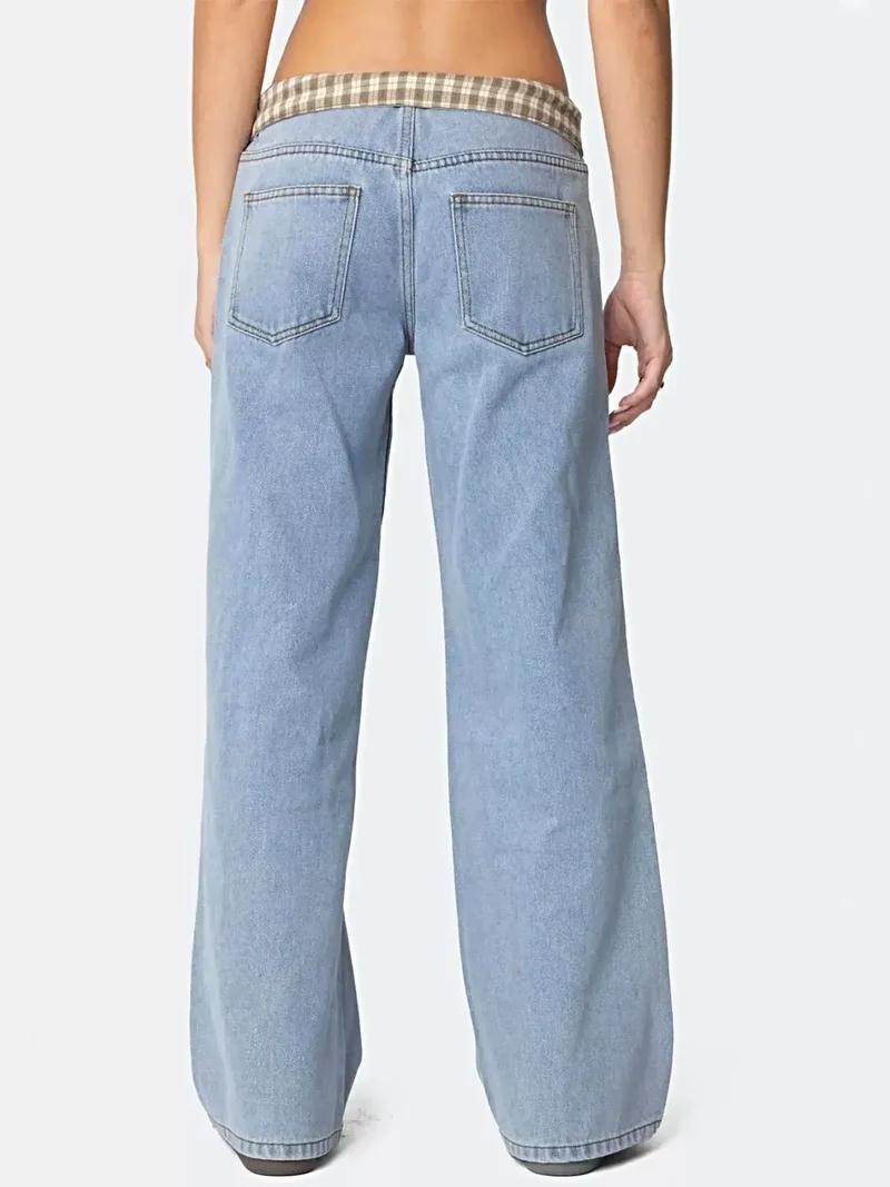 Elegante jeans met wijde pijpen en ruitjesbies voor dames - klassiek model met knoopsluiting en zakken.