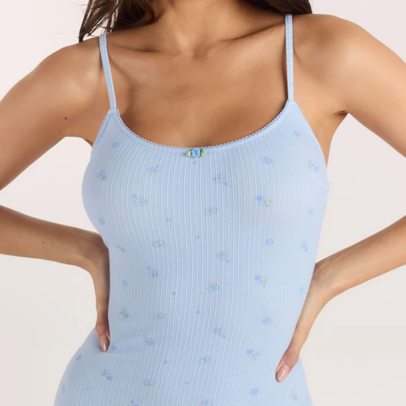 Ribbed Strappy Romper - Blauwe Bloemenprint