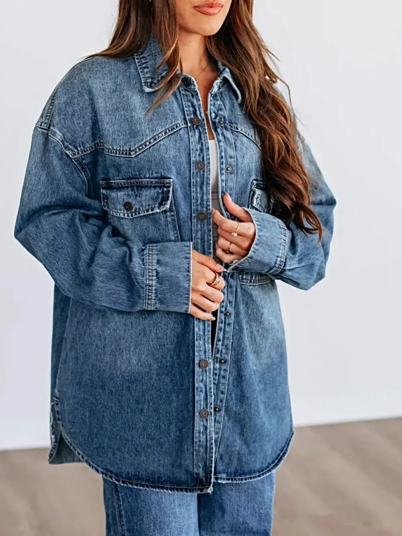 Trendy oversized jas met verlaagde schouders en zakken met knoopsluiting - Klassieke denimstijl