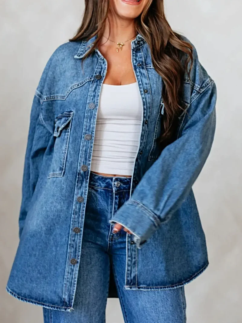 Trendy oversized jas met verlaagde schouders en zakken met knoopsluiting - Klassieke denimstijl