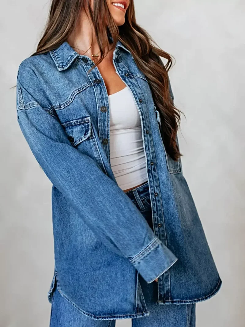 Trendy oversized jas met verlaagde schouders en zakken met knoopsluiting - Klassieke denimstijl