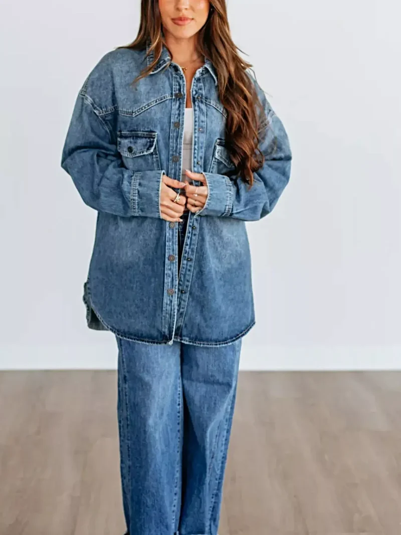 Trendy oversized jas met verlaagde schouders en zakken met knoopsluiting - Klassieke denimstijl