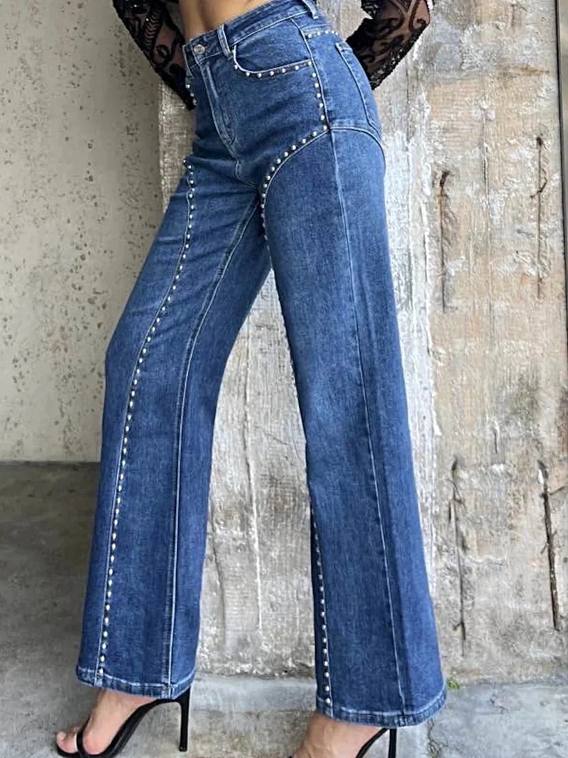 Luxe jeans met wijde pijpen en studs - 95% rayon, geen stretch, machinewasbaar, elegante pasvorm