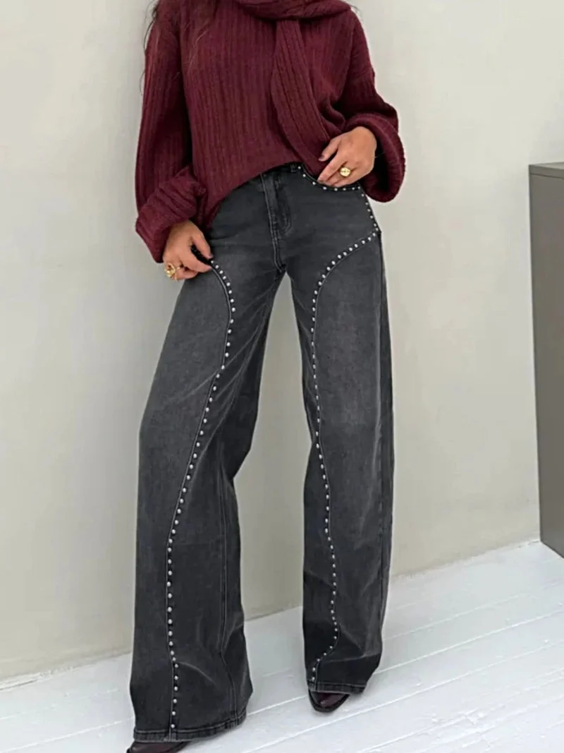 Luxe jeans met wijde pijpen en studs - 95% rayon, geen stretch, machinewasbaar, elegante pasvorm
