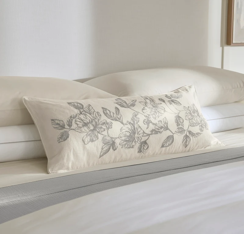 Etched Peony Pillow Cover - Cream/Pewter