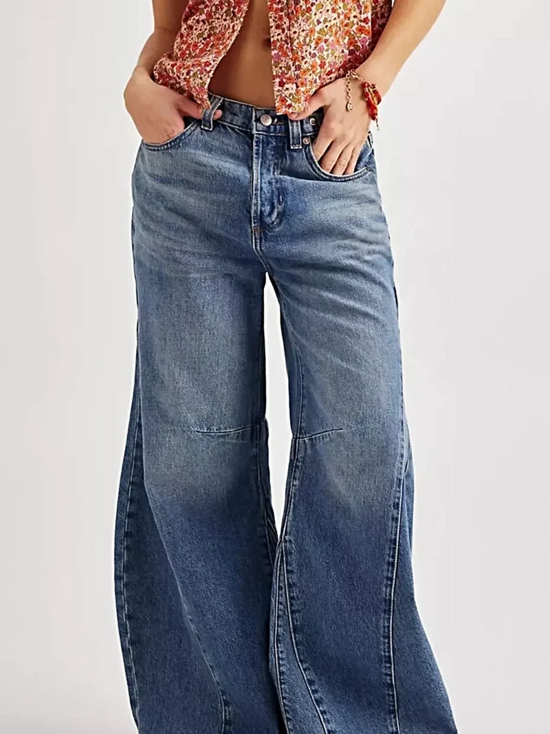 Luxe gewassen denim jeans met wijde pijpen en zakken - 95% katoen voor ultiem comfort